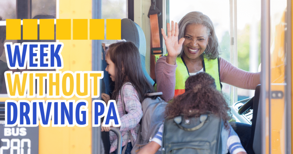Week Without Driving PA. A bus driver high-fives children as they board the bus.