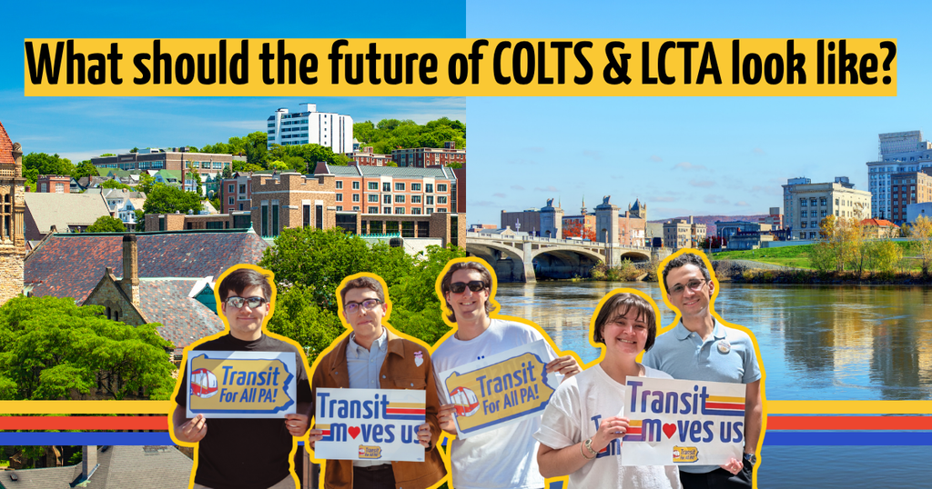 Transit riders holding "Transit moves us signs", superimposed on images of Scranton and Wilkes-Barre